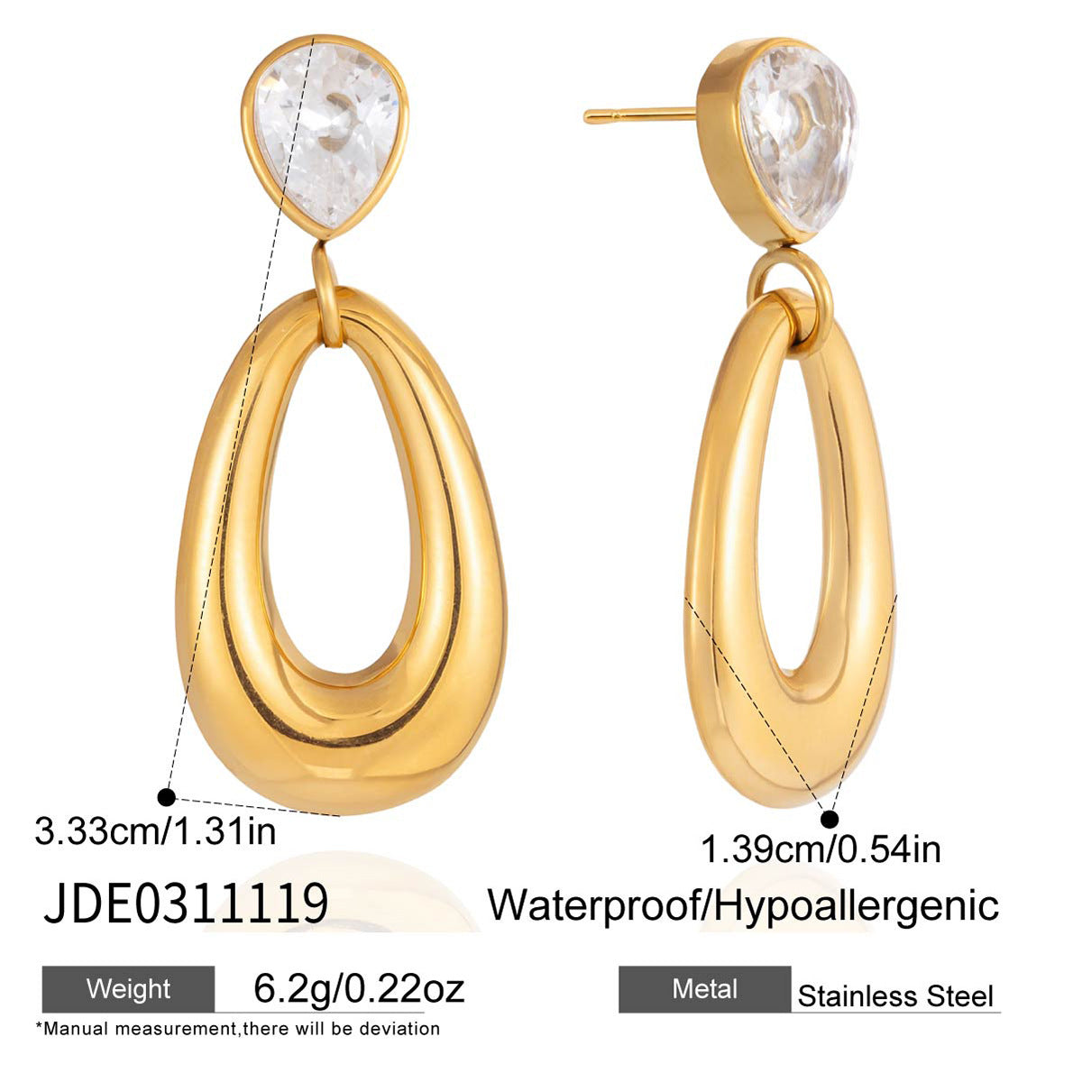 Orecchini a goccia geometrici di lusso, borchie in acciaio inossidabile placcato oro 18 carati con zirconi per donna
