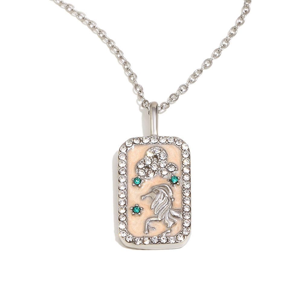 Collana con Pendente Minimalista Costellazione Zodiacale da Donna in Acciaio Inossidabile con Placcatura in Oro 18K e Intarsi in Smalto Dettagli in Strass Completi