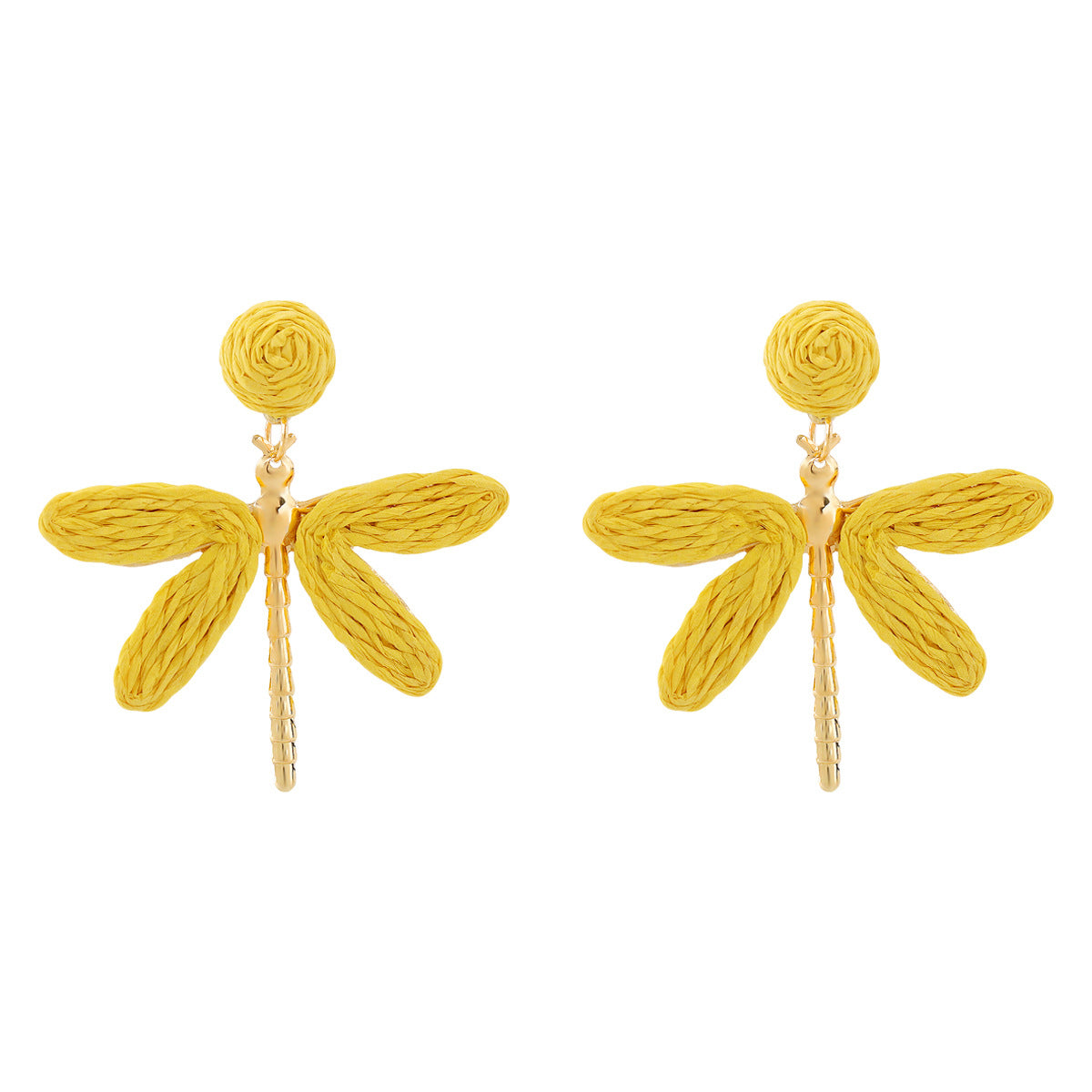 Vacation Style Handwoven Raffia Dragonfly Earrings for Women Alloy and Raffia Lightweight Bohemian-Inspired Fashion Earrings