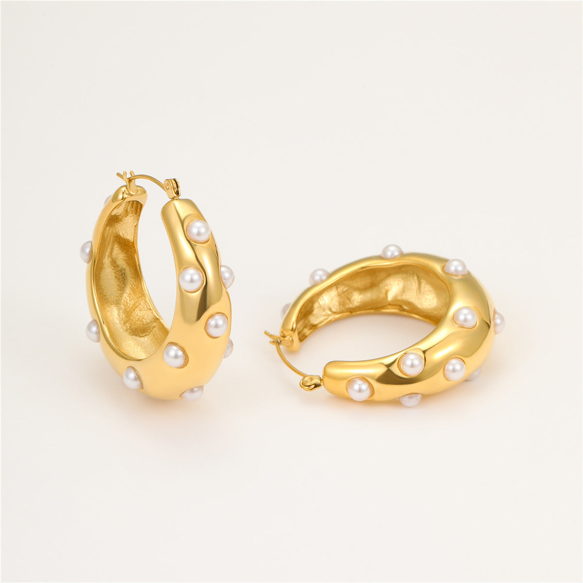 Pendientes de aro de acero inoxidable con diseño geométrico de moda, chapados en oro de 18 quilates, con incrustaciones de perlas y circonitas para mujer
