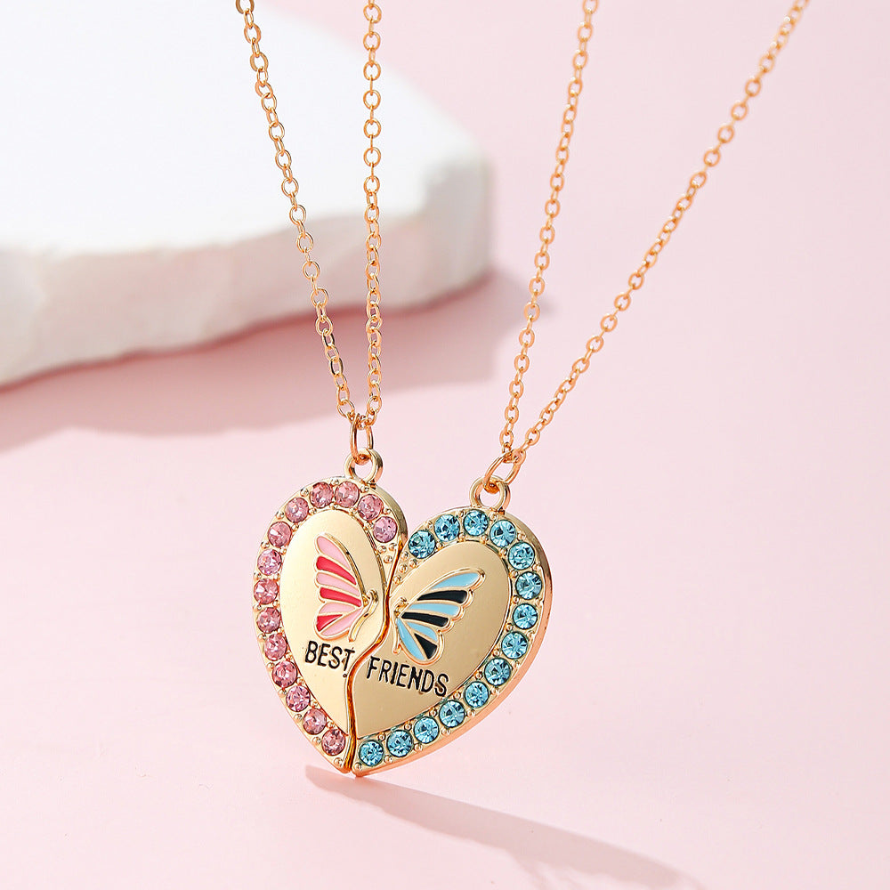 Graziosa collana a forma di cuore in lega con intarsio di strass per bambini e amici, semplice design a catena incrociata che non si ossida