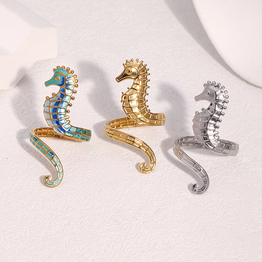 Anillo Abierto Minimalista de Caballito de Mar de Acero Inoxidable Bañado en Oro de 18K para Mujer