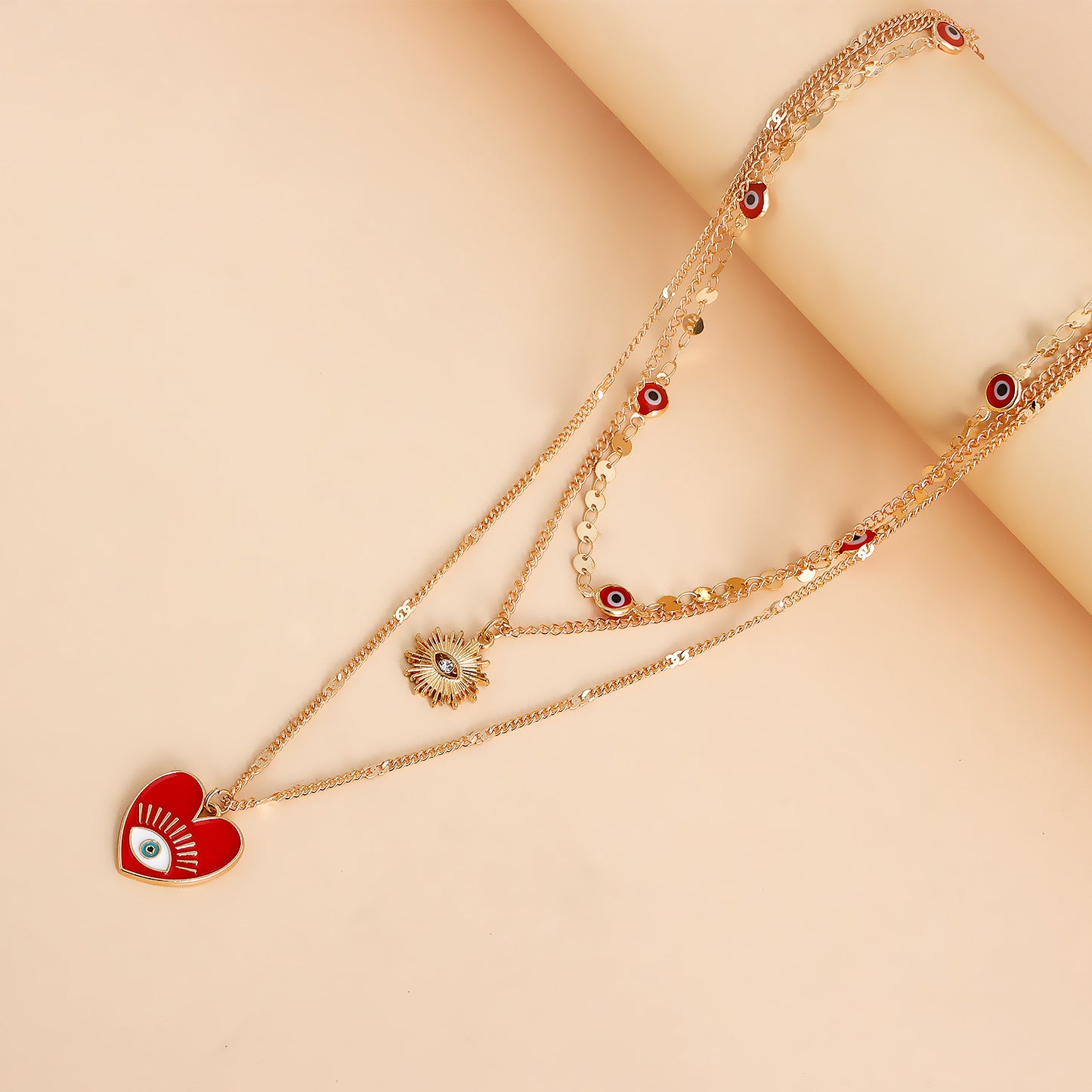 Minimalist Geometric Evil Eye Pendant Necklace for Women with Alloy Body and Gold Plating, Multi-Layer Clavicle Chain Design
