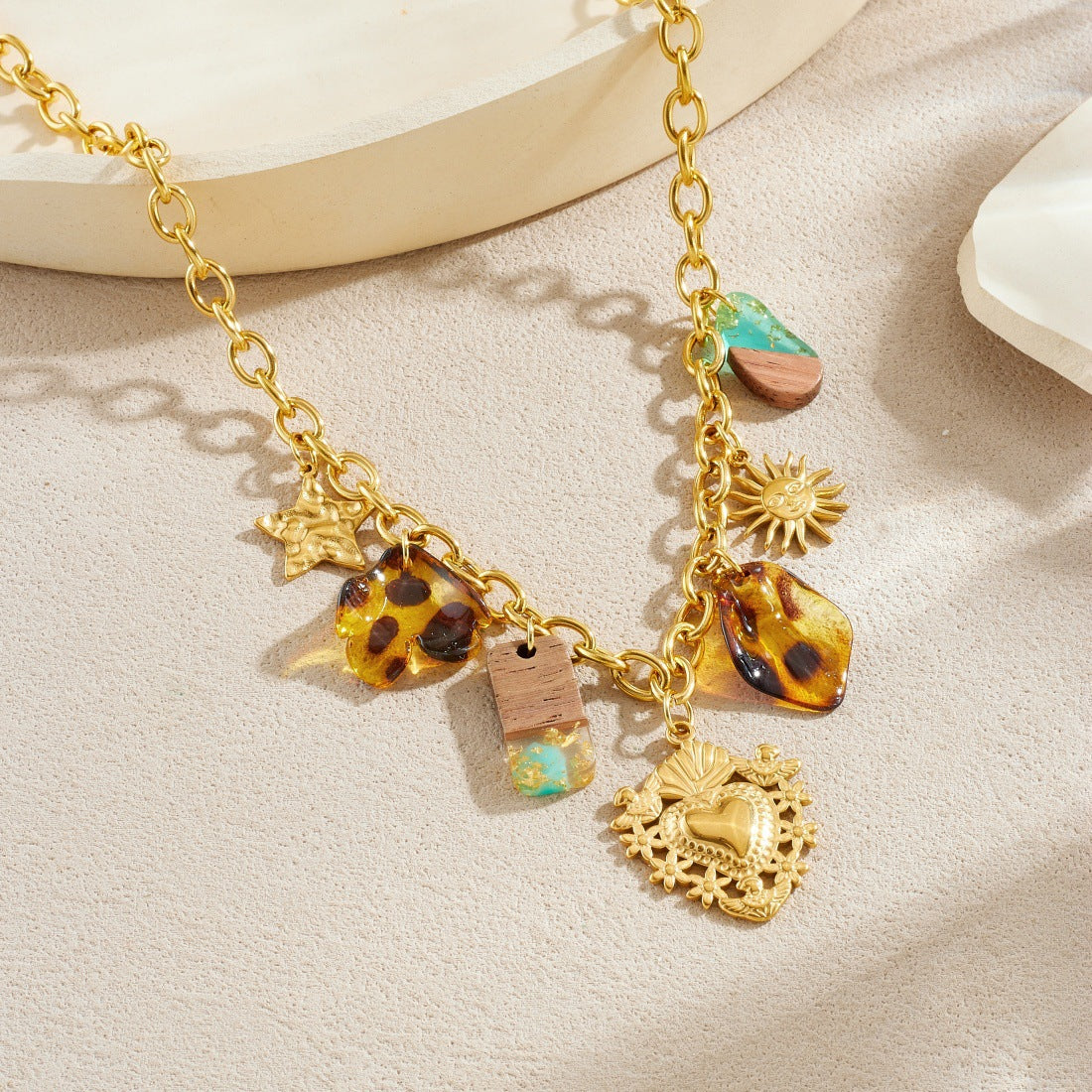 Vintage Gold Plated Heart Flower Sun Leopard Print Acrylic Stainless Steel Necklace