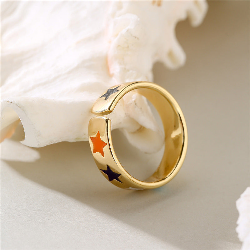Rainbow Gradient Drip Oil Gold Plated Brass Star Ring for Women