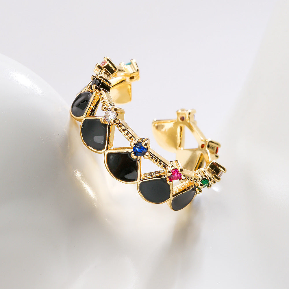 Anello Aperto Geometrico da Donna con Base in Rame Placcato in Oro 18K e Intarsio in Zirconia Smaltata