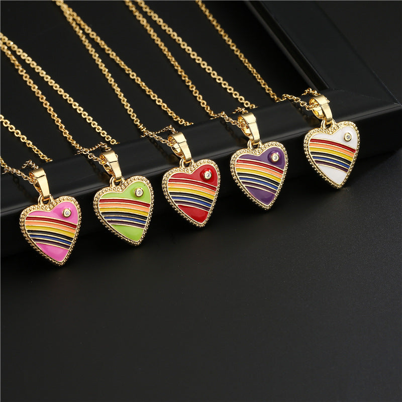 Rainbow Gradient Drip Oil Heart 18K Gold Plated Brass Necklace Cable Chain
