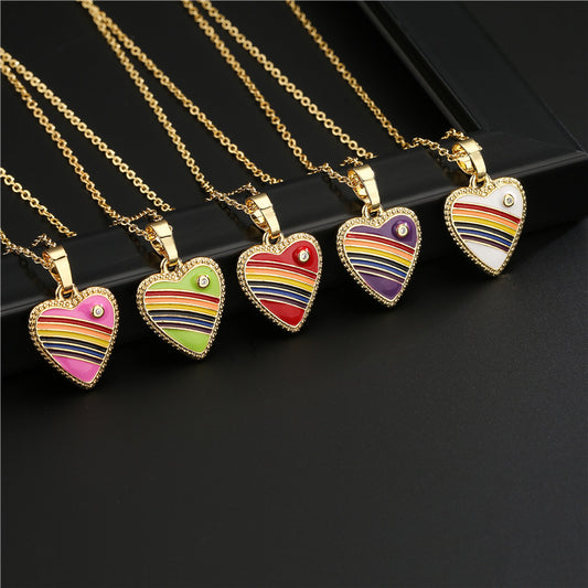 Rainbow Gradient Drip Oil Heart 18K Gold Plated Brass Necklace Cable Chain