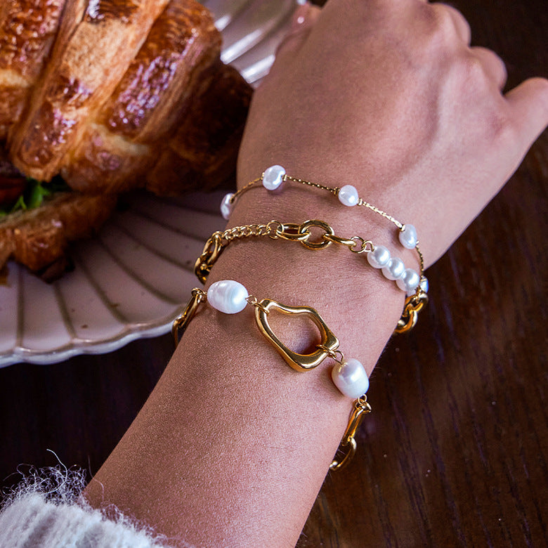 Elegante pulsera de acero inoxidable con lazo para mujer con acabado chapado, diseño geométrico, a la moda para la oficina