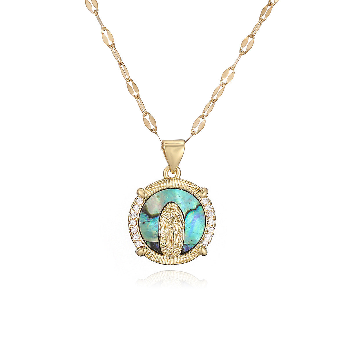 Vintage Minimalist Brass Gold Plated Geometric Virgin Mary Pendant with Cubic Zirconia