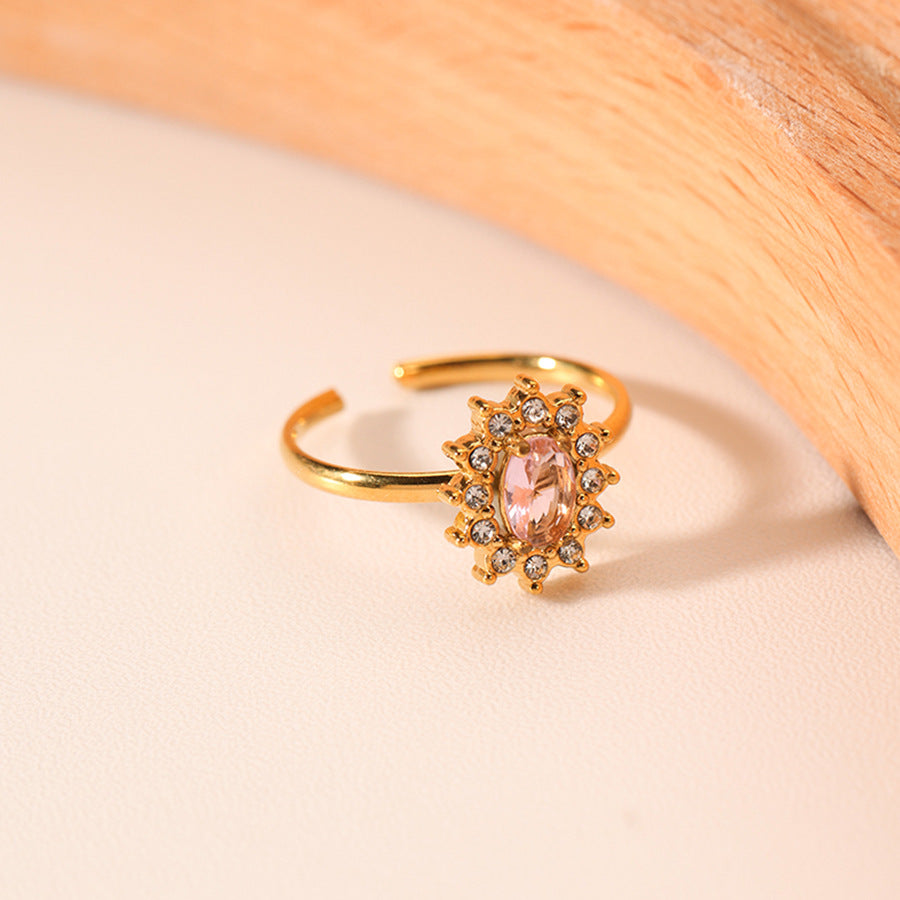 Anello Geometrico a Girasole in Stile INS in Acciaio Inossidabile con Intarsio in Zircone e Placcatura in Oro Sottovuoto 18K
