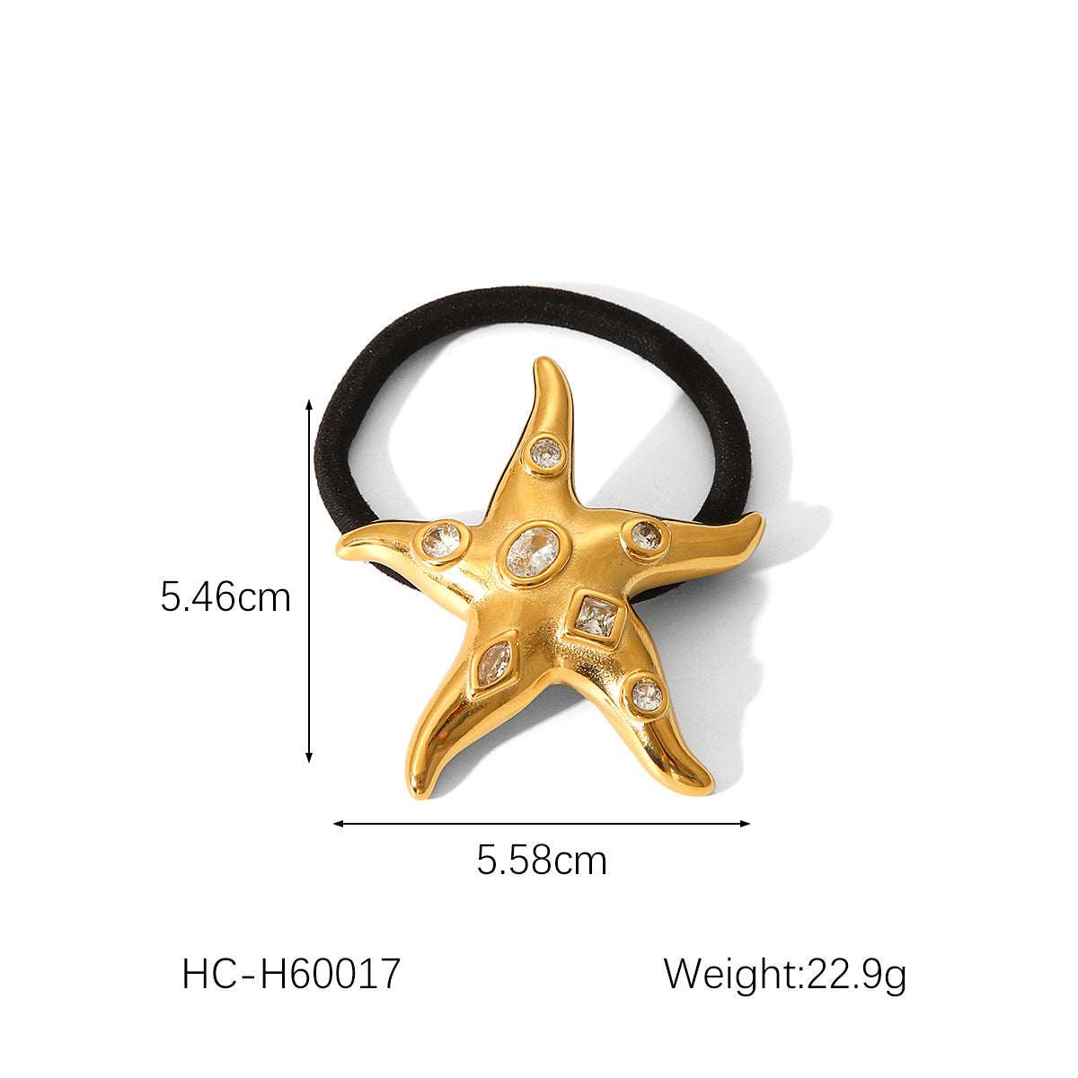 Trendy 18K Gold Plated Stainless Steel Seashell Starfish Hair Tie with Rhinestone Inlay for Women
