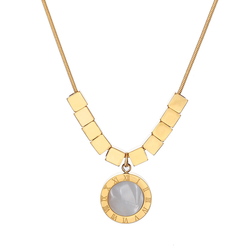 Minimalist Geometric Titanium Steel Black and White Abalone Double-Sided Roman Necklace for Women with Plated Finish Snake Chain