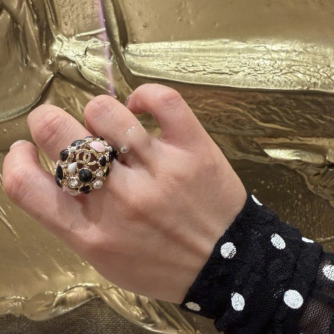 Luxury Gold Plated Brass Letter Ring with Colorful Enamel Pearl and Rhinestone Inlay for Women