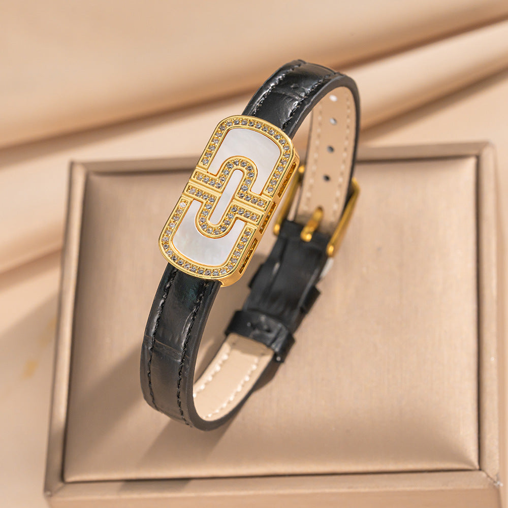 Minimalist Geometric Stainless Steel Buckle Genuine Leather Bracelet for Men and Women with Bamboo Grain Texture