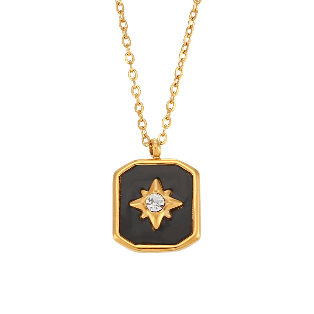 Minimalist Square Pendant Necklace with Geometric Eight-Pointed Star Design in Stainless Steel with Plated Finish for Women
