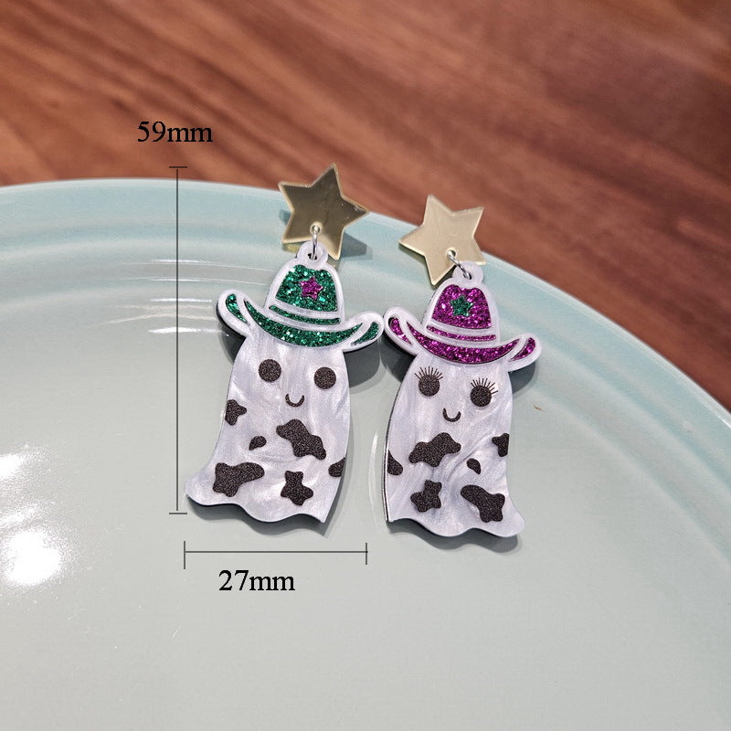 Lindo sombrero vaquero occidental de Halloween con estrella y motivos de vaca, acrílico, accesorio asimétrico de fiesta para mujer