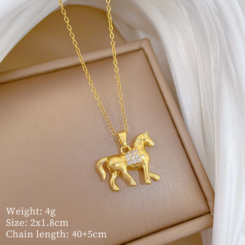 Sweet Full Rhinestone Horse Geometric Pendant Titanium Steel Necklace for Unisex