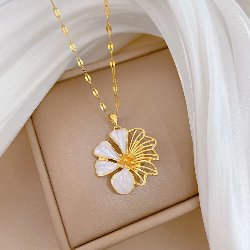 Sweet Elegant Floral Drip Oil Rhinestone Pendant Necklace Titanium Steel Cable Chain
