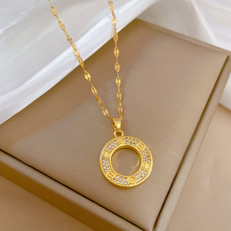 Collana girocollo da donna in acciaio al titanio di lusso, con ciondolo geometrico a cerchio e intarsio di strass, delicata