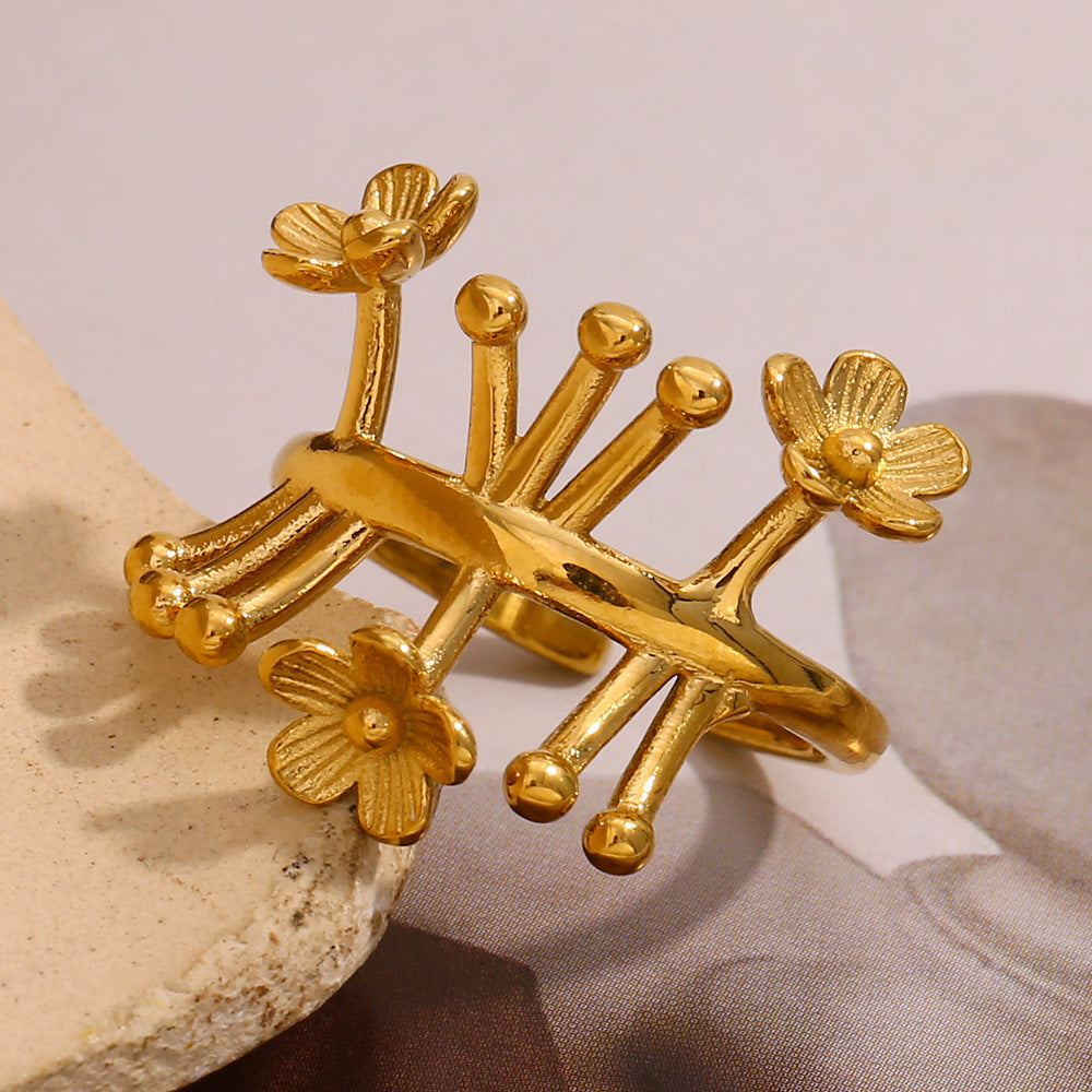 Fashion Floral-Shaped Stainless Steel Ring with 18K Gold Plating for Women