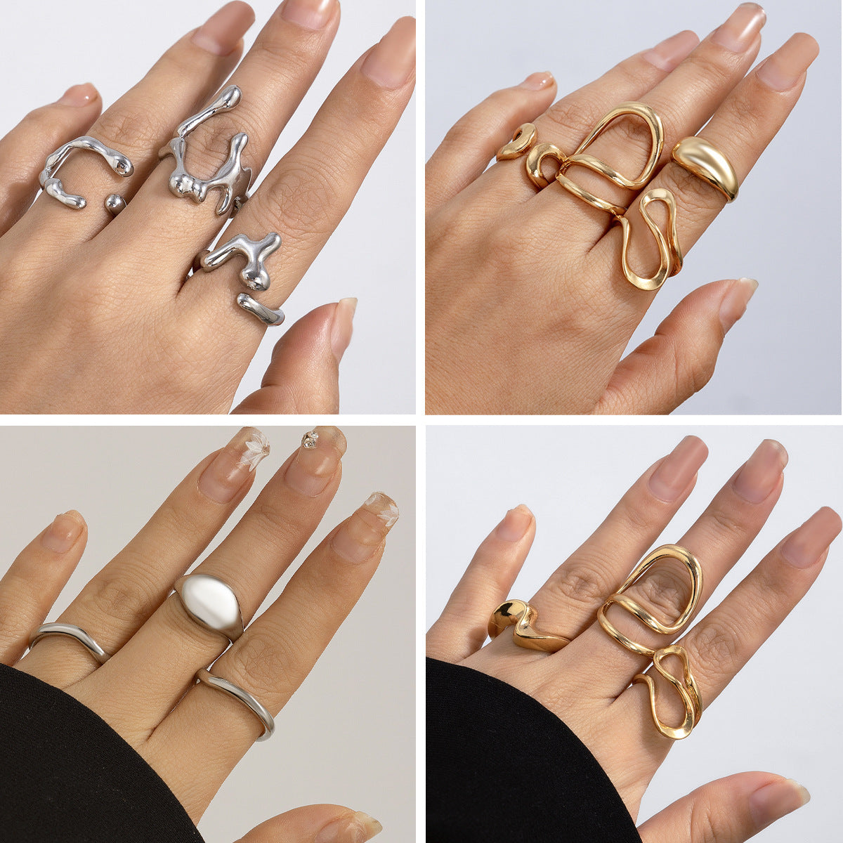 Minimalist Geometric Hollow Liquid-Design Alloy Ring Set with Polished Finish for Women