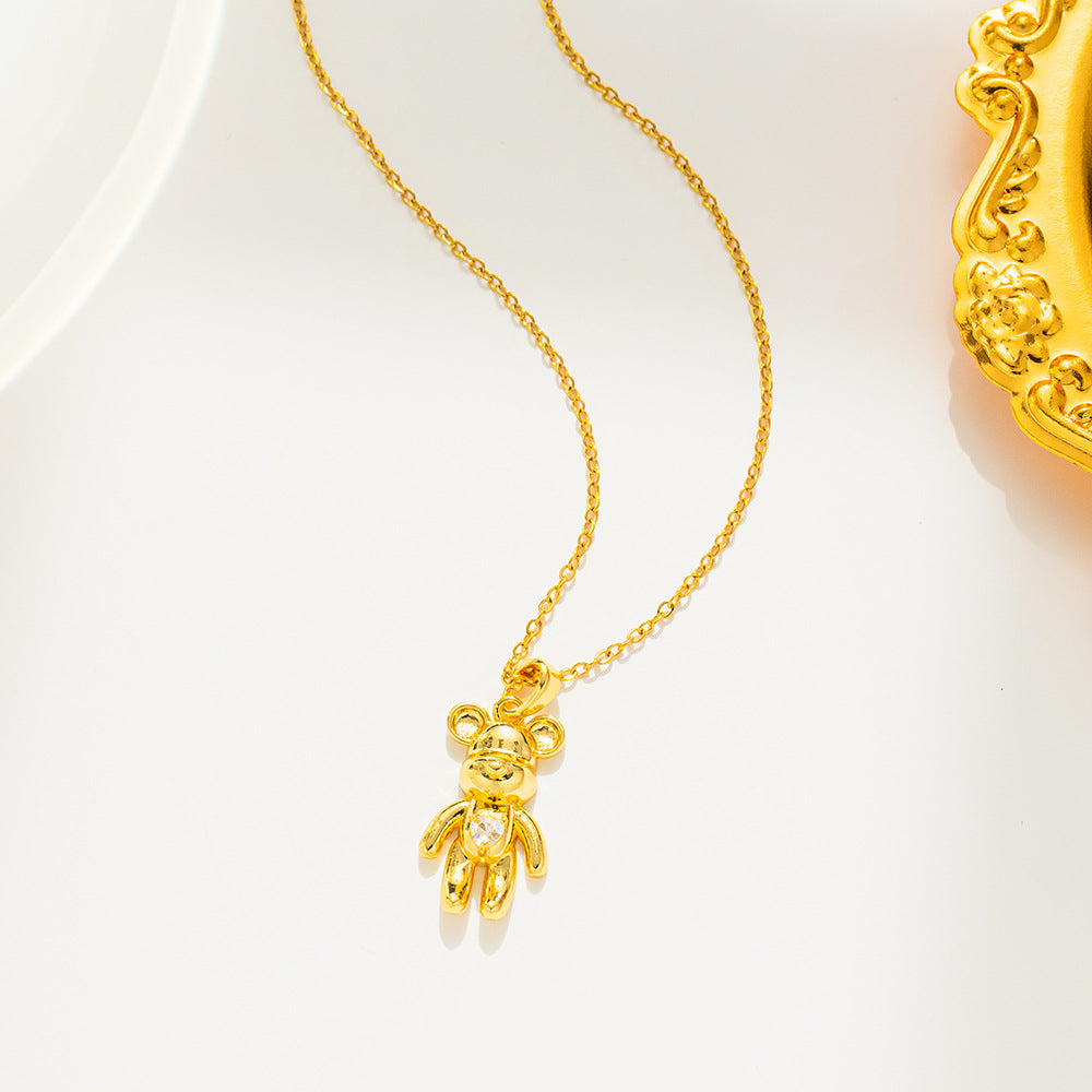 Collana con ciondolo orso minimalista da donna in acciaio al titanio con intarsio di strass su catena a O