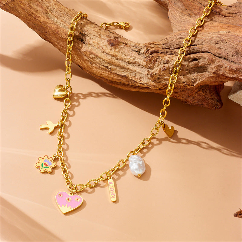 Elegant Cartoon Heart Drip Oil Plated Stainless Steel Necklace with Pearl and Floral Pendant for Women