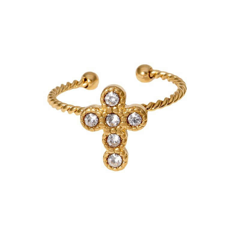 Minimalist Cross-Shaped Opening Ring for Women in Stainless Steel with Gold Plating and Rhinestone Inlay