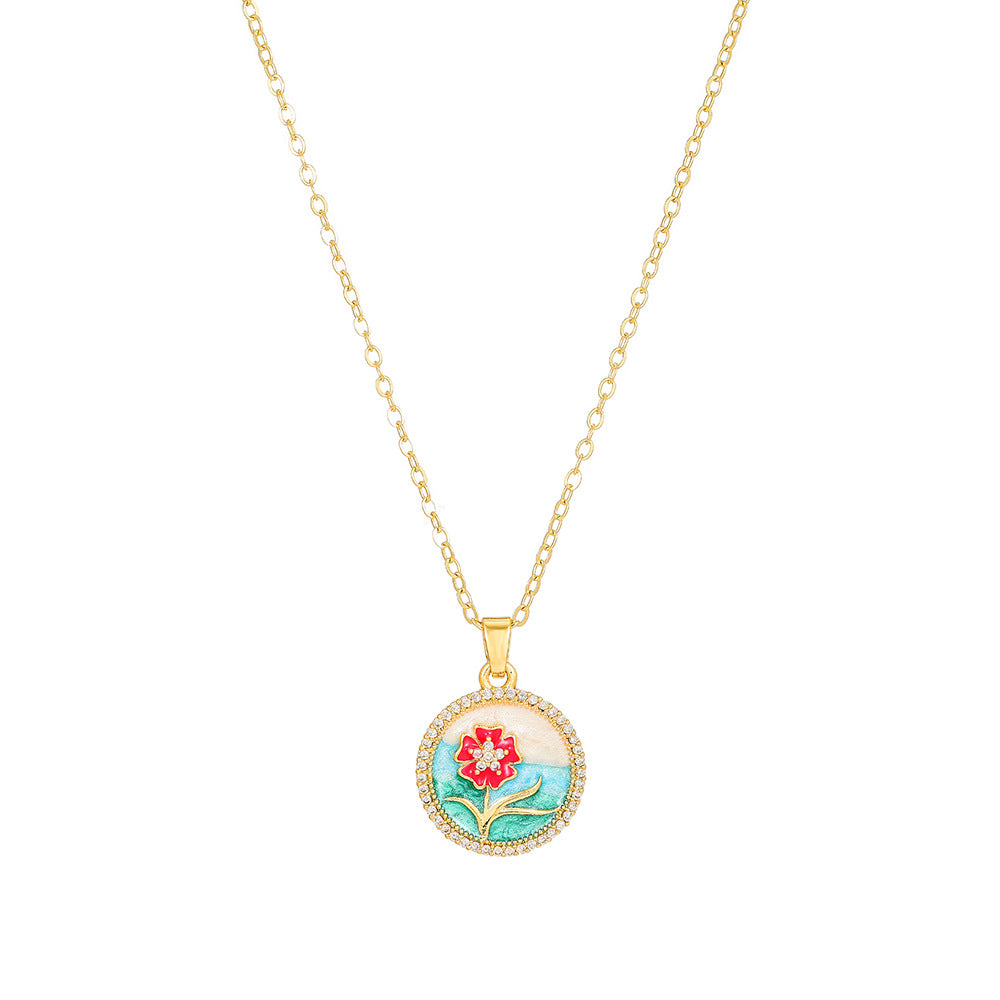 Elegant Drip Oil Floral Brass Gold Plated Necklace with Cubic Zirconia Inlay Cable Chain