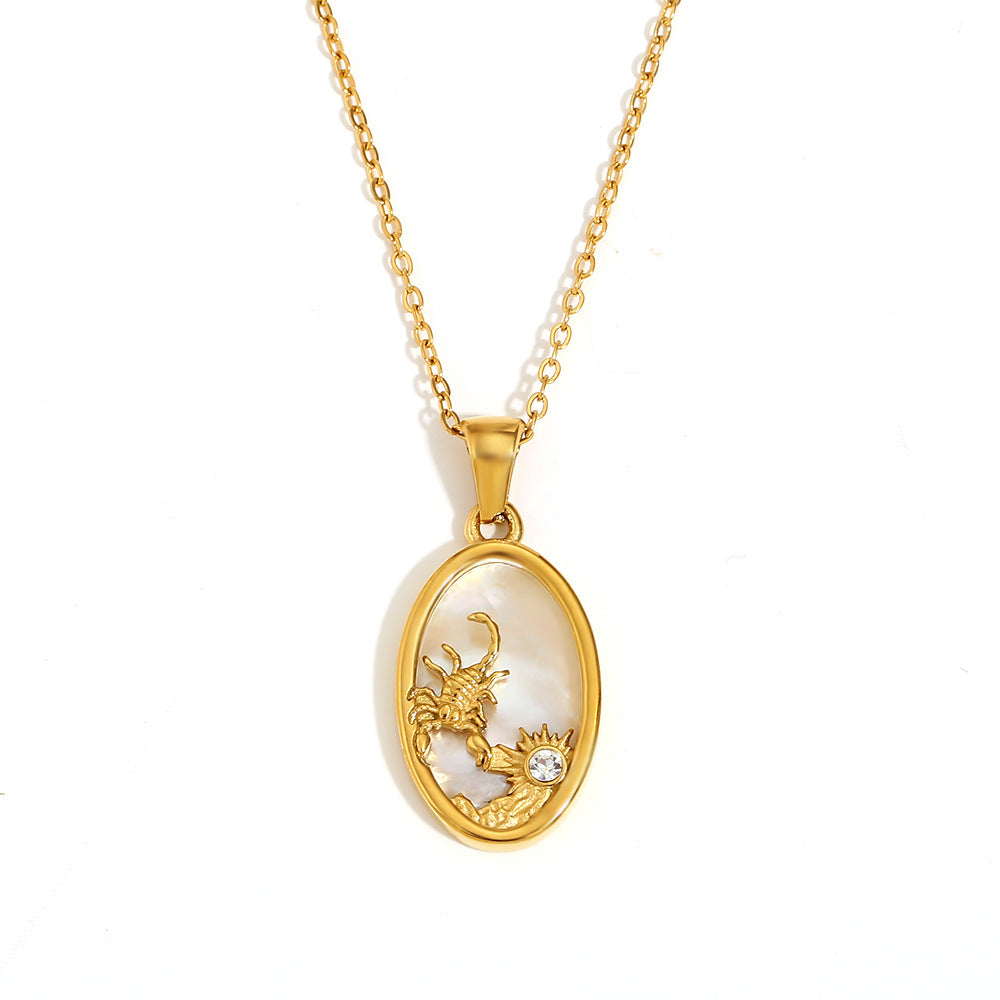 Geometric Zodiac Pendant Necklace for Women Stainless Steel with 18K Gold Plating and Rhinestone Accents