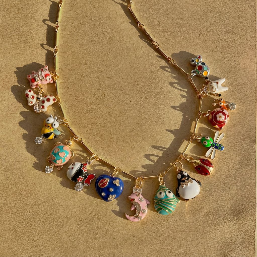 Vintage Gold Plated Brass Cartoon Clownfish Charm Bar on Ball Chain