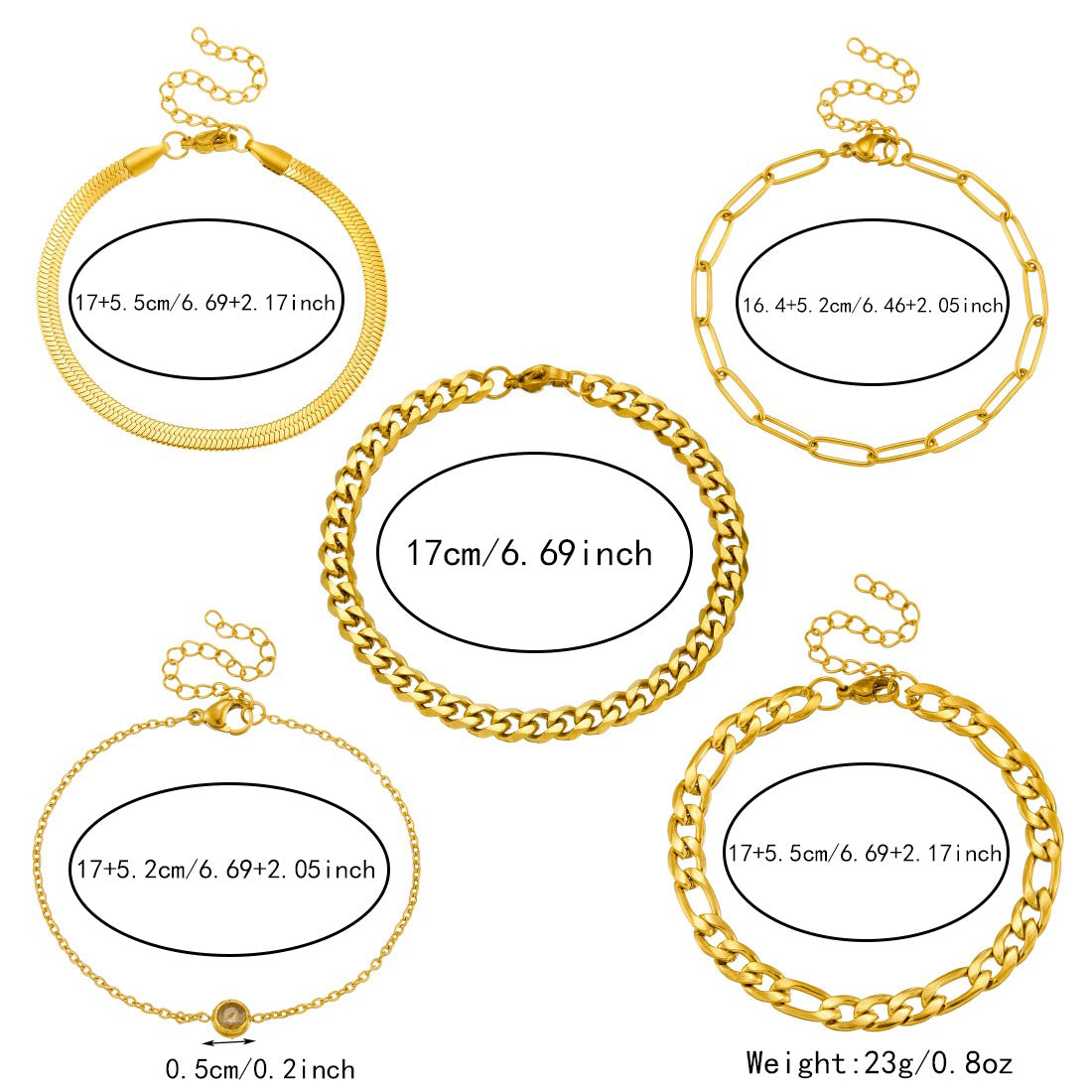 Minimalist Streetwear Gold Plated Stainless Steel Layered Cuban Link and Curb Chain Bracelet Set for Women