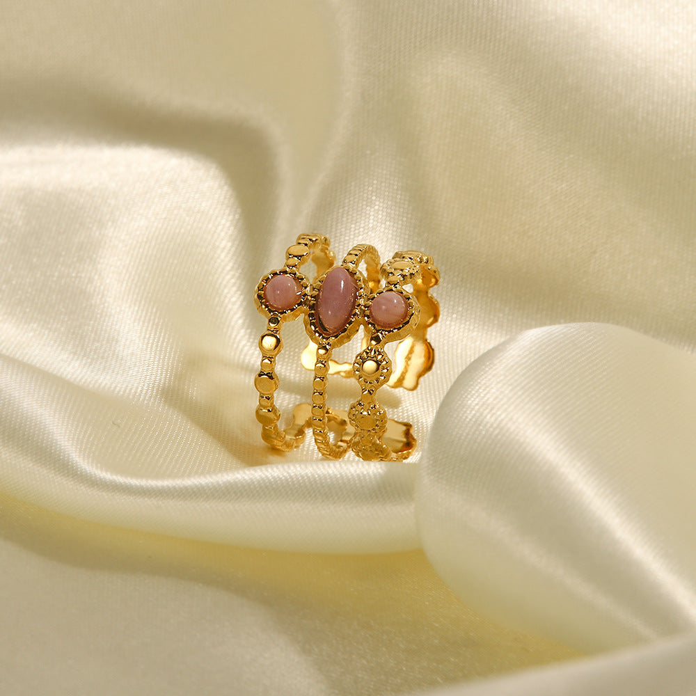 Anillo de dedo ajustable de acero inoxidable rosa, geométrico, minimalista, con incrustaciones de gemas para mujer