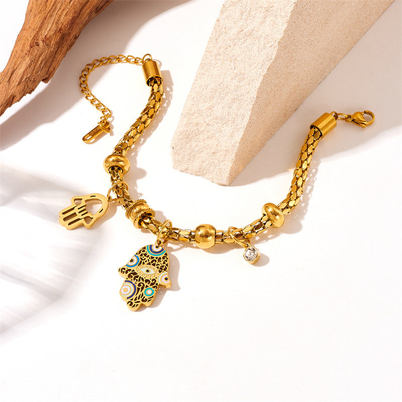 Bracciale a catena cilindrica con ciondolo a palma smaltato in acciaio al titanio placcato oro, stile vintage, da donna
