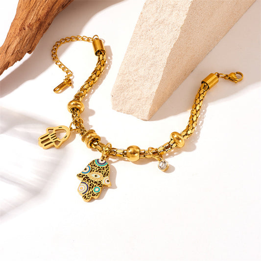 Bracciale a catena cilindrica con ciondolo a palma smaltato in acciaio al titanio placcato oro, stile vintage, da donna