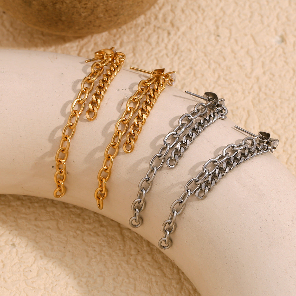 Minimalist Geometric Stainless Steel Earrings with 18K Gold Plating and Zircon Accents for Women