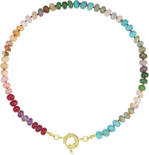 Sweet 8mm Natural Stone Bead Necklace Stainless Steel Geometric Round Ball Chain for Women