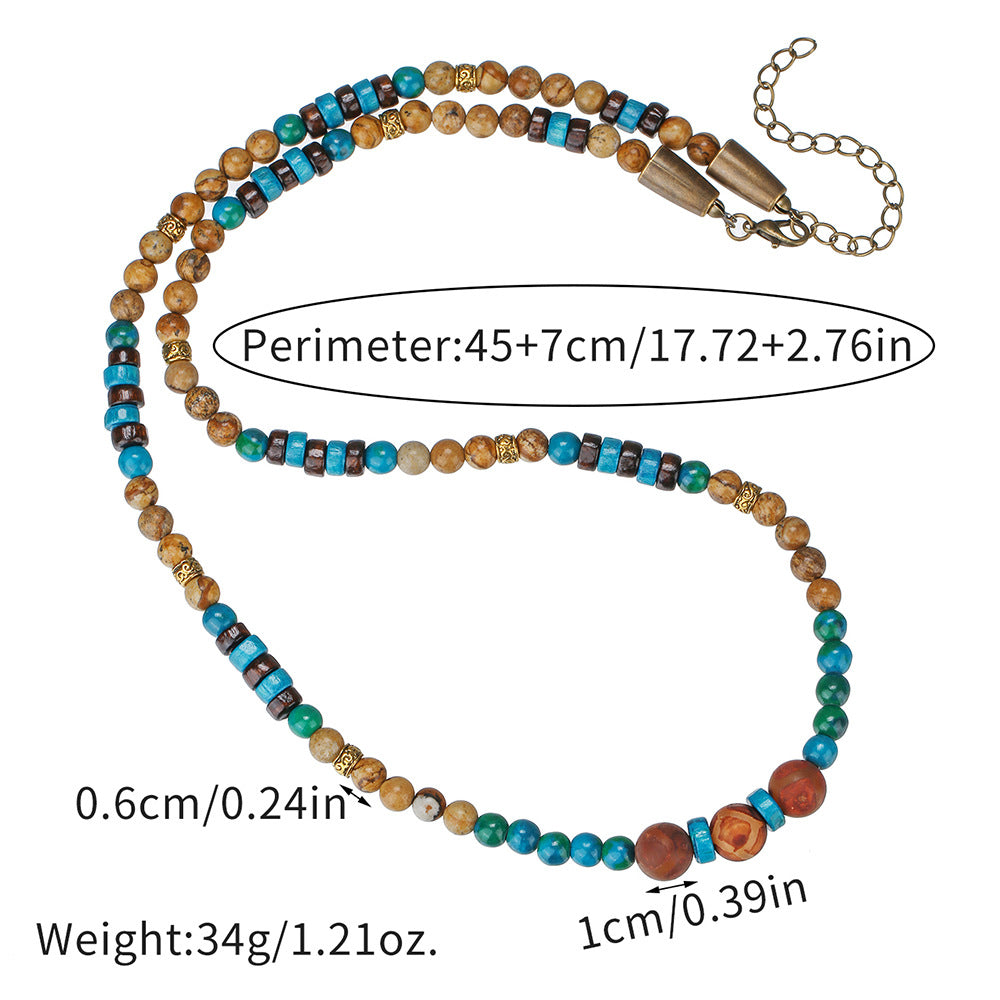 Vintage Geometric Natural Stone and Wood Bead Ball Chain Necklace Unisex