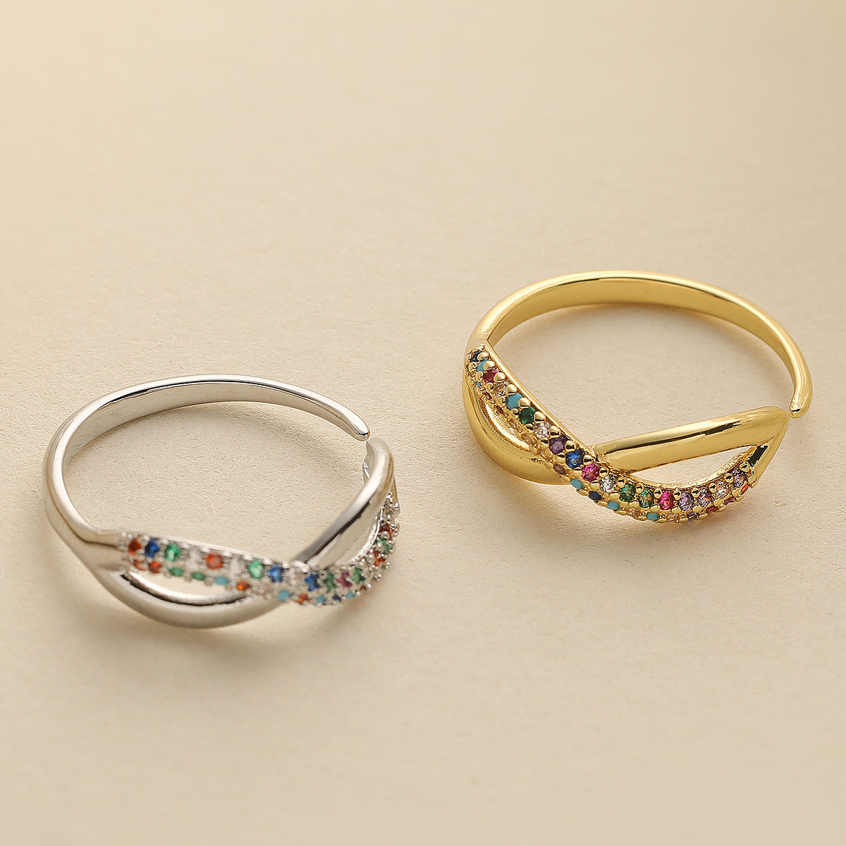 Minimalist Geometric Open Ring for Women Made of Brass with 18K Gold Plating and Multicolor Zircon Inlay
