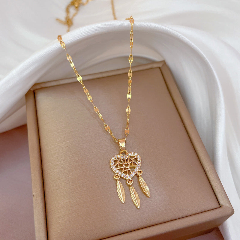 Four-Leaf Clover Rhinestone Pendant Necklace for Women Titanium Steel Irregular Chain Shell Locket Floral Style
