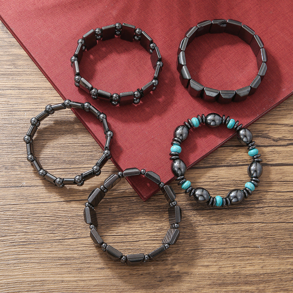Vintage Handmade Geometric Round Hematite Bracelet with Turquoise Inlay for Unisex