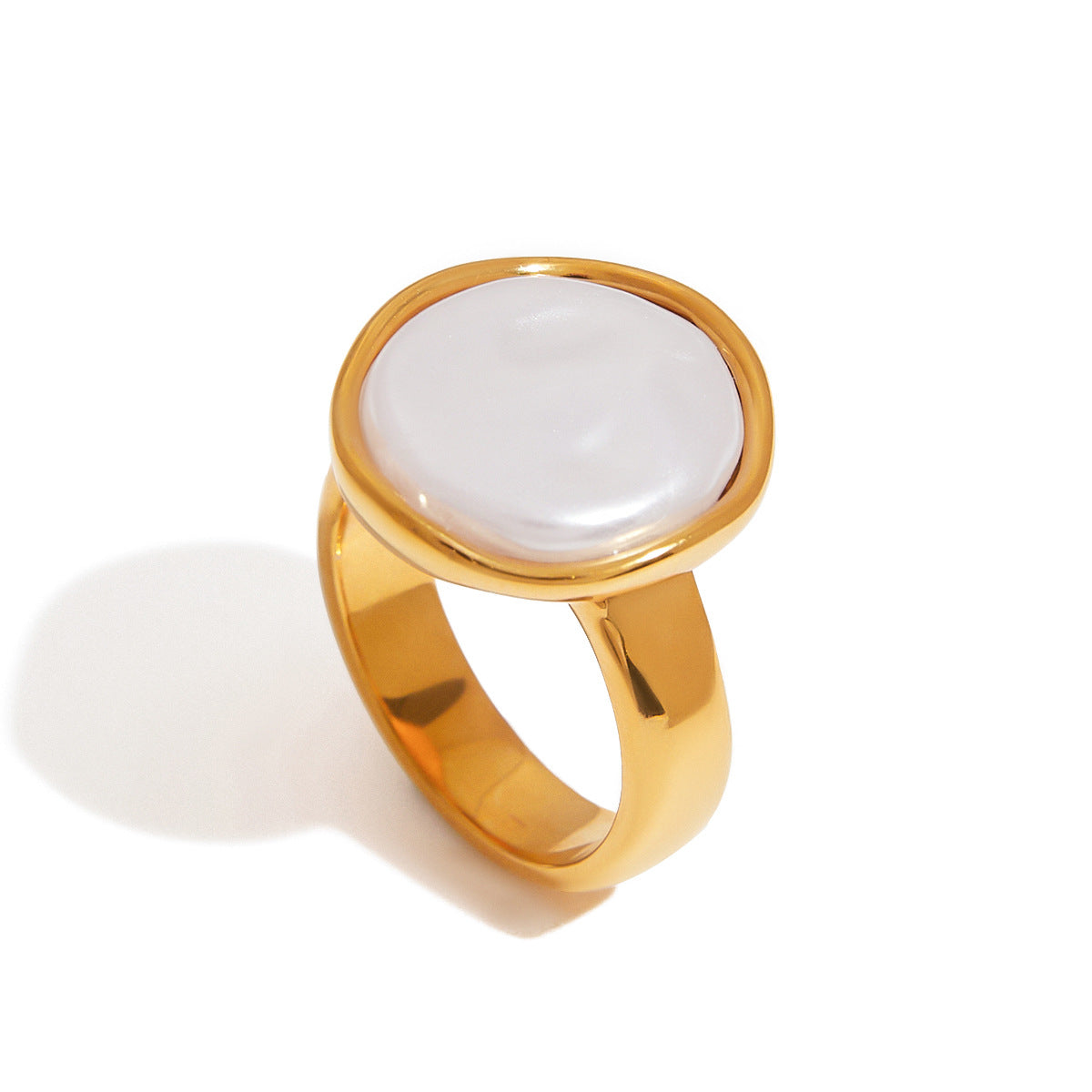 Anello Minimalista Geometrico in Acciaio Inox con Intarsio di Perla per Donna, Gioielli di Moda Placcati Oro PVD Sottovuoto