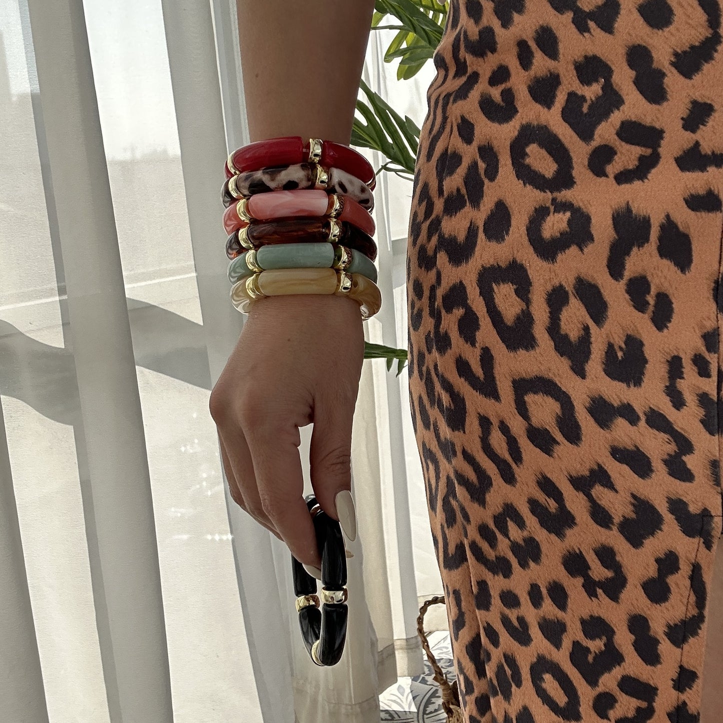 Vintage Minimalist Geometric Resin Plated Bamboo Joint Cuff Bracelet Set