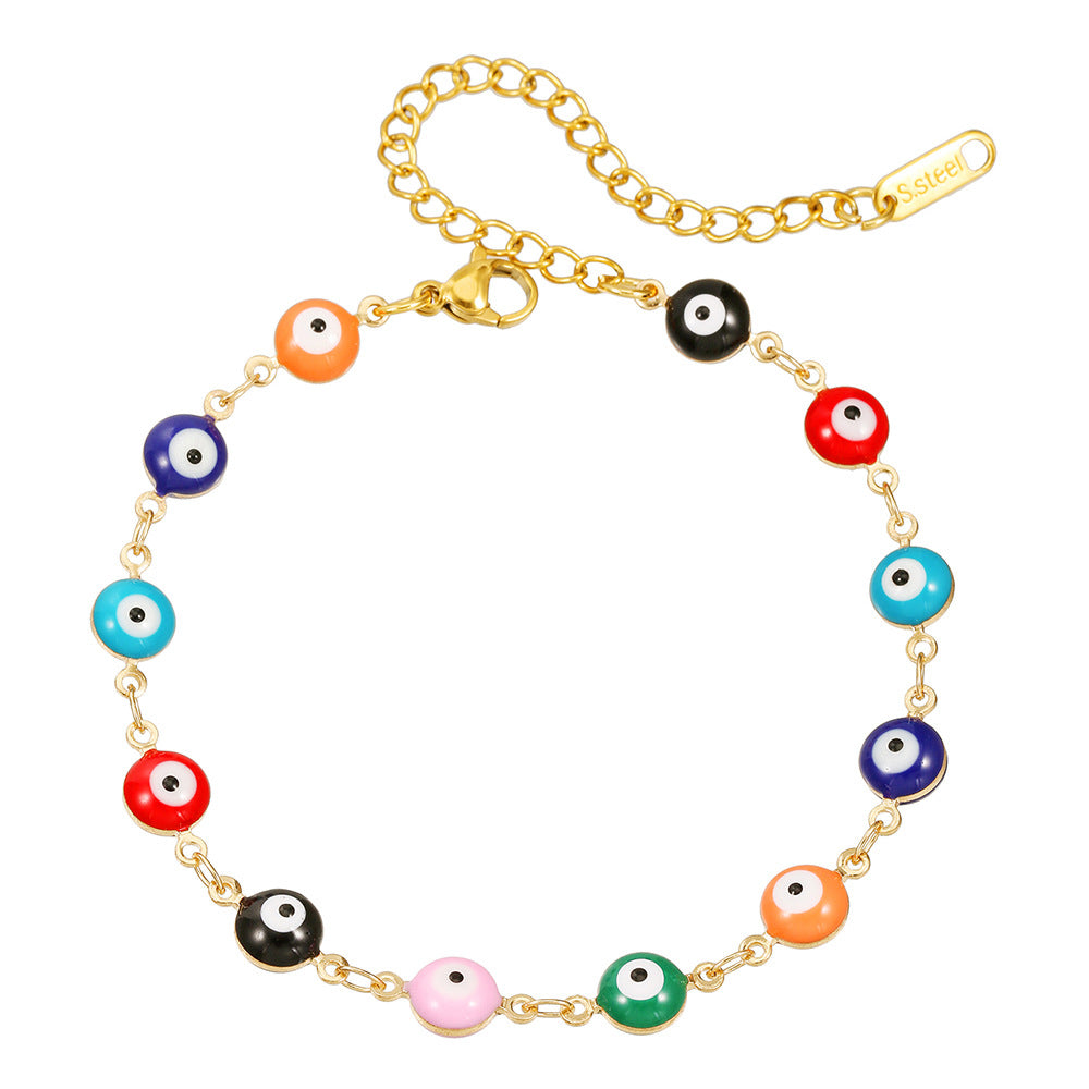 Cavigliera e braccialetto in acciaio inossidabile in stile bohémien colorato con occhio di Allah e motivi geometrici e a cuore