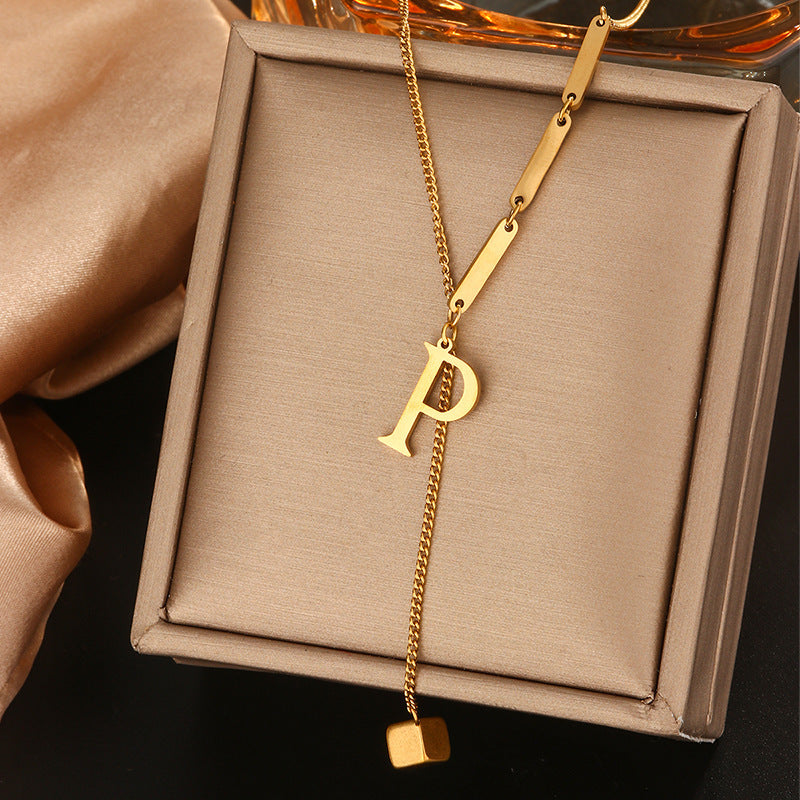 Minimalist Titanium Steel Letter Pendant Necklace with Tassel for Women