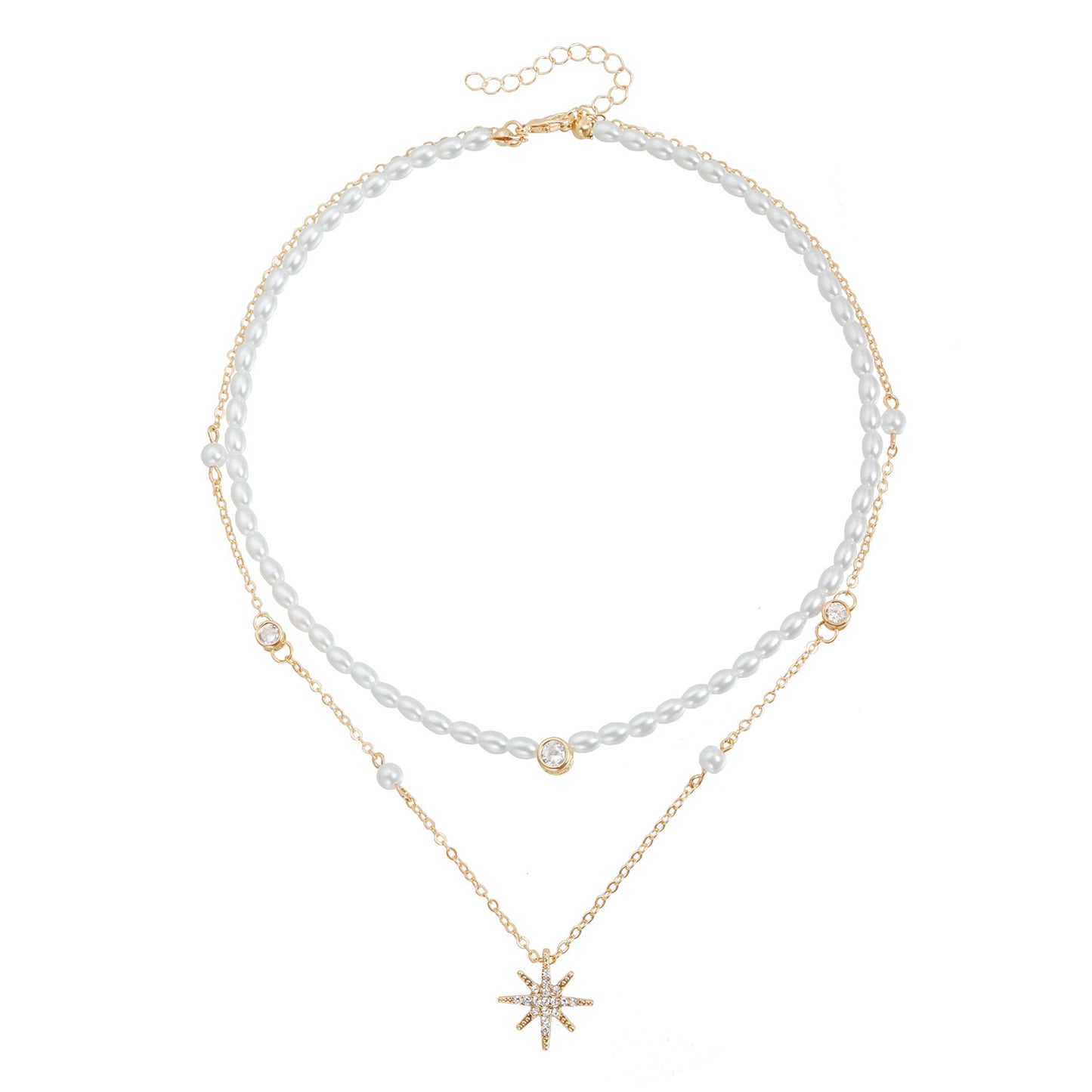 Casual Geometric Star Rhinestone Plated Alloy Double Layer Necklace with Pearl for Women