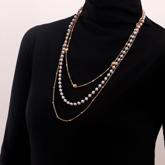 Punk Style Heart-Shaped Electroplated Metal Multi-Layer Sweater Chain for Women with Geometric Design and Pearl Accents