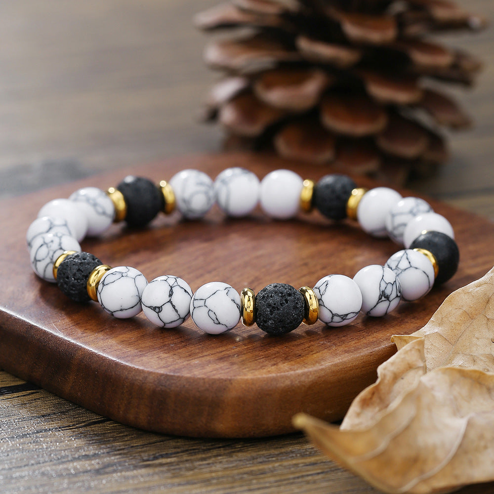 Bohemian Ethnic Geometric Natural Lava Stone and White Turquoise Stretch Bracelet with Love Meaning