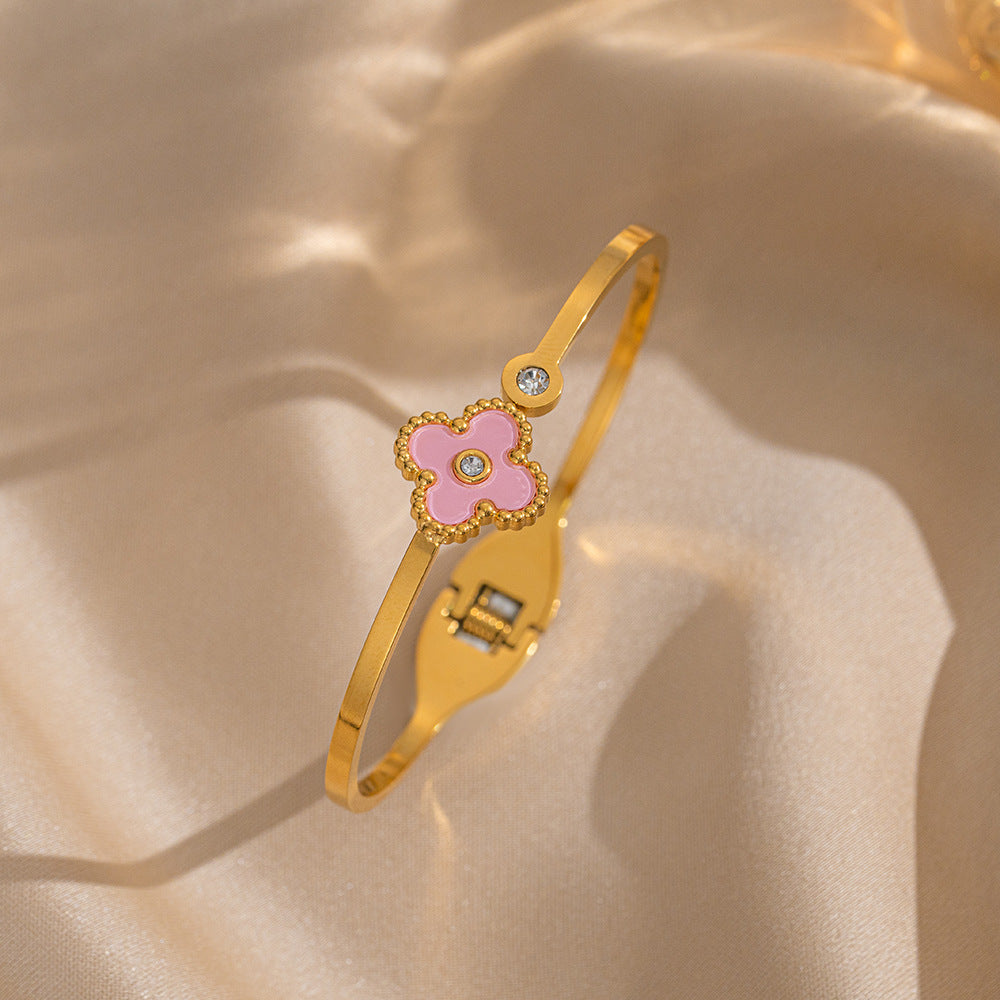 Bracciale Minimalista in Acciaio Inossidabile da Donna con Placcatura in Acciaio al Titanio e Intarsio di Strass a Forma Geometrica Ovale